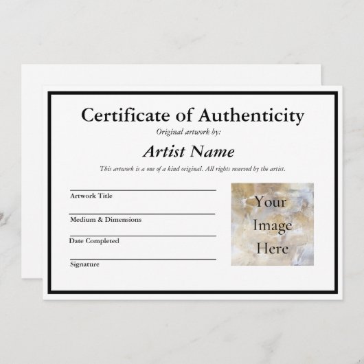 Certificaat van authenticiteit voor kunst met foto kaart (Voorkant / Achterkant)