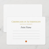 Certificaat van authenticiteit voor kunst, Verkoch Kaart (Voorkant / Achterkant)