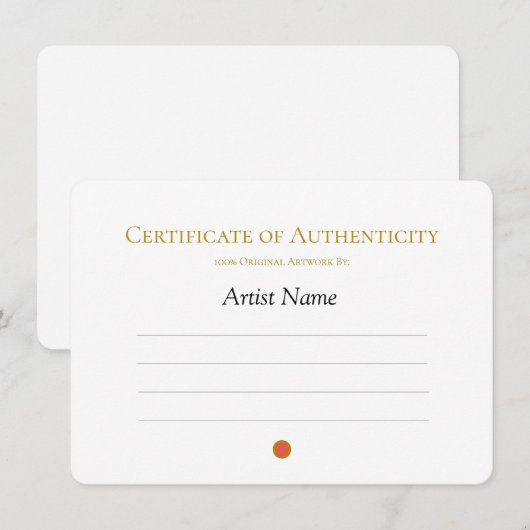 Certificaat van authenticiteit voor kunst, Verkoch Kaart (Voorkant / Achterkant)
