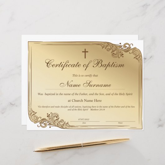 Certificaat van baptisme, Baby-bestemming (Voorkant / Achterkant in situ)