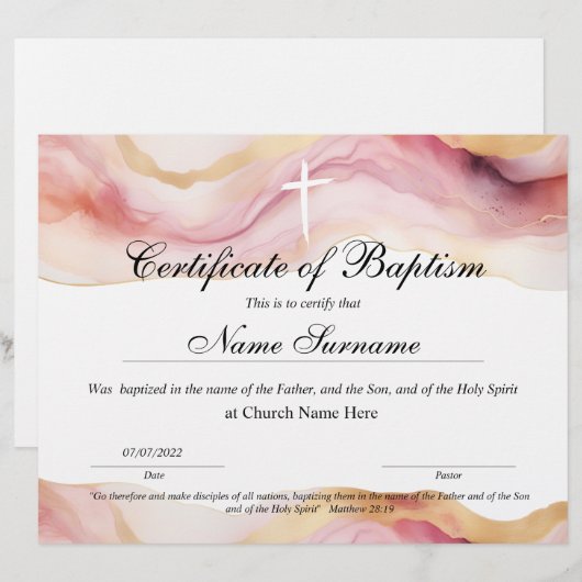 Certificaat van baptisme, Baby-bestemming (Voorkant / Achterkant)