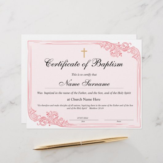 Certificaat van baptisme, Baby-bestemming (Voorkant / Achterkant in situ)