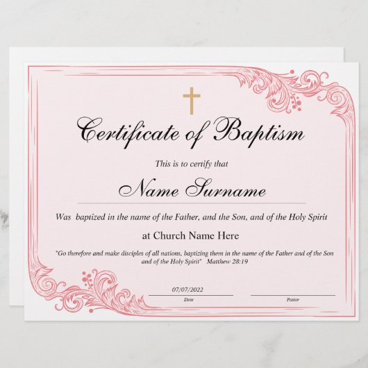 Certificaat van baptisme, Baby-bestemming (Voorkant / Achterkant)