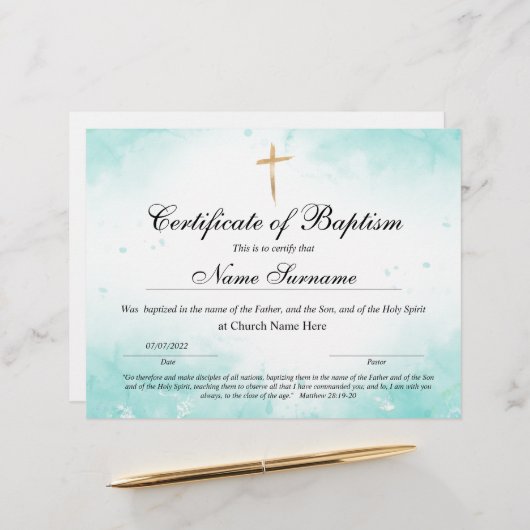 Certificaat van baptisme, Baby-bestemming (Voorkant / Achterkant in situ)