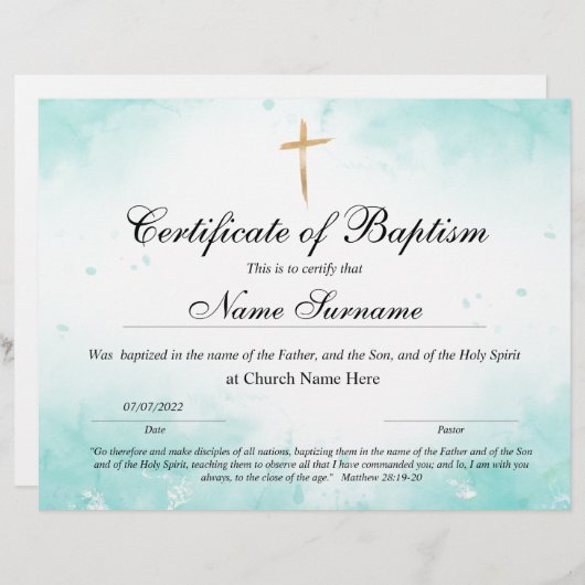 Certificaat van baptisme, Baby-bestemming (Voorkant / Achterkant)