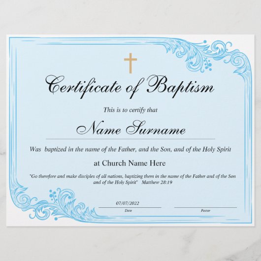 Certificaat van baptisme, Baby-bestemming (Voorkant)