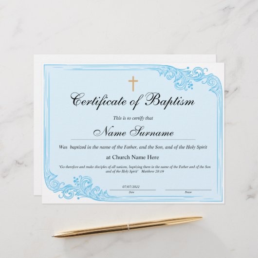 Certificaat van baptisme, Baby-bestemming (Voorkant / Achterkant in situ)