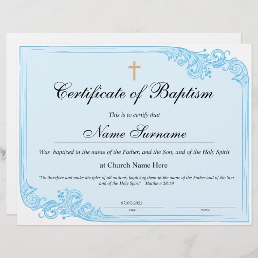 Certificaat van baptisme, Baby-bestemming (Voorkant / Achterkant)