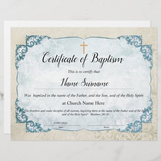 Certificaat van baptisme, Baby-bestemming (Voorkant / Achterkant)