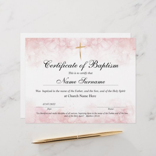 Certificaat van baptisme, Baby-bestemming (Voorkant / Achterkant in situ)