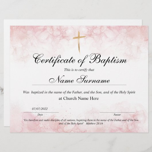 Certificaat van baptisme, Baby-bestemming (Voorkant / Achterkant)