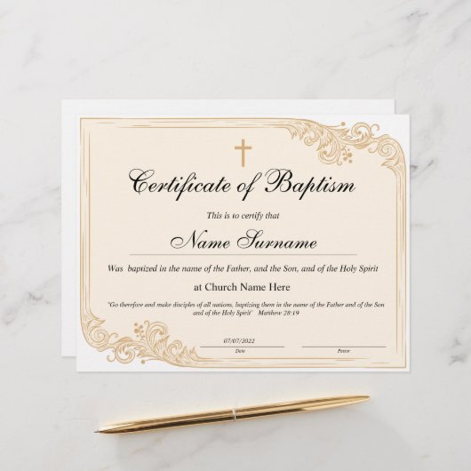 Certificaat van baptisme, Baby-bestemming (Voorkant / Achterkant in situ)