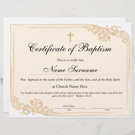 Certificaat van baptisme, Baby-bestemming (Voorkant / Achterkant)