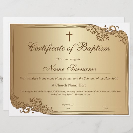 Certificaat van baptisme, Baby-bestemming (Voorkant / Achterkant)