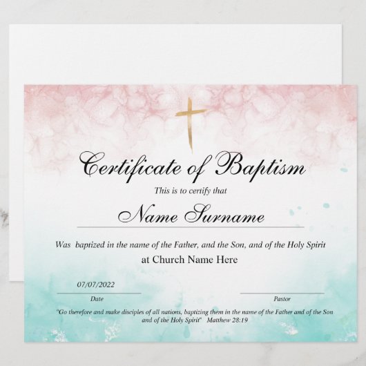 Certificaat van baptisme, Baby-bestemming (Voorkant / Achterkant)