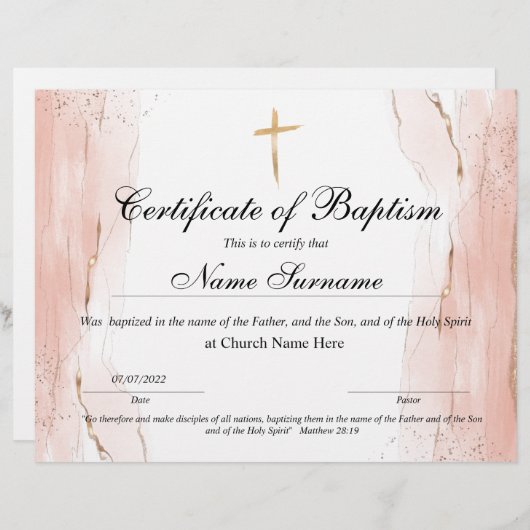Certificaat van baptisme, Baby-bestemming (Voorkant / Achterkant)