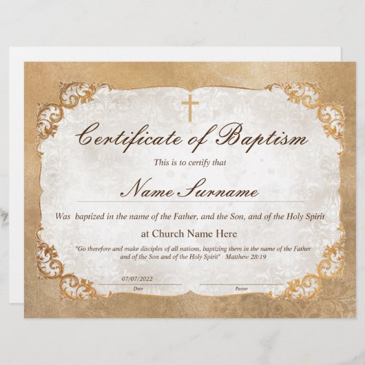 Certificaat van baptisme, Baby-bestemming (Voorkant / Achterkant)