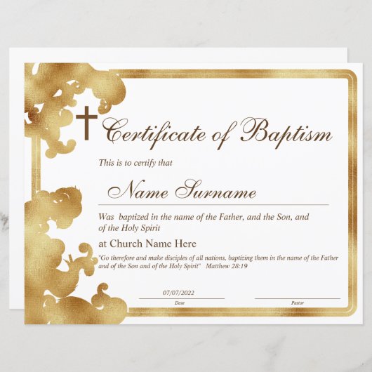 Certificaat van baptisme, Baby-bestemming (Voorkant / Achterkant)