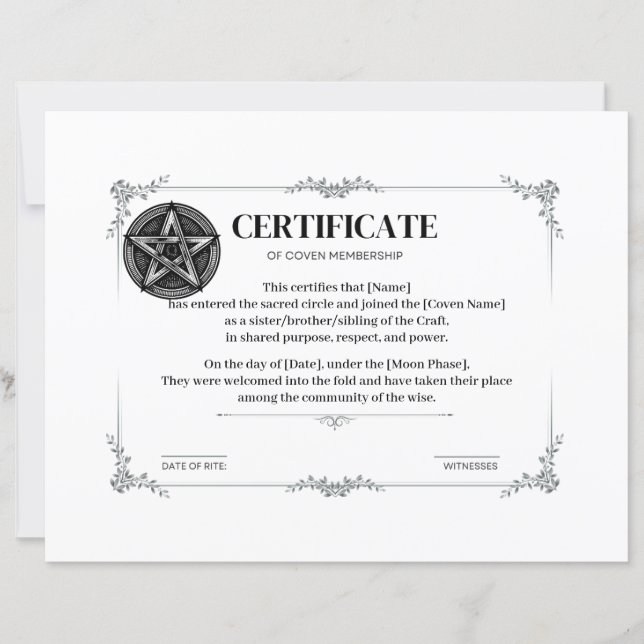 Certificaat van Coven lidmaatschap (Voorkant)