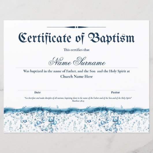 Certificaat van de Doop Waterdoop Papieren Blad (Voorkant)