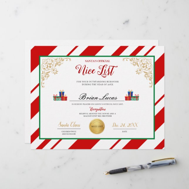 Certificaat van de Nice-lijst van de kerstman (Voorkant / Achterkant in situ)