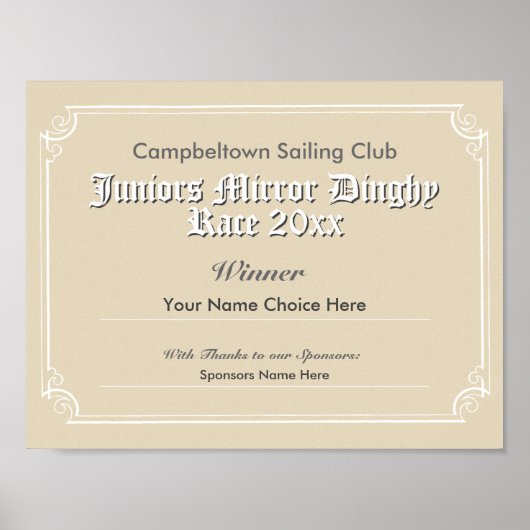 Certificaat van de winnende partij voor Sailing Cl Poster (Voorkant)