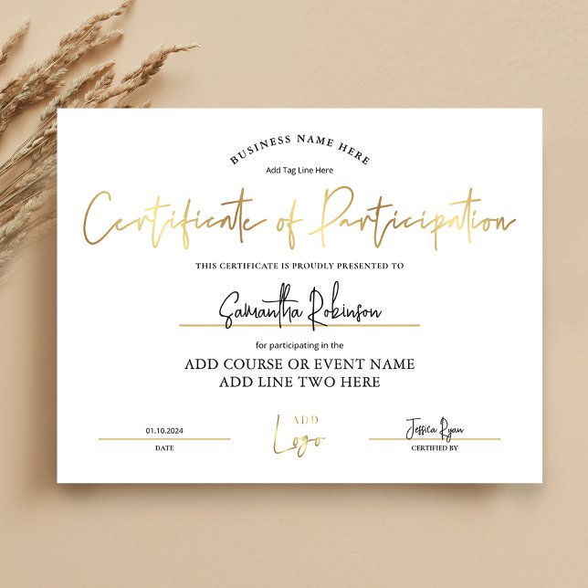 Certificaat van deelname Gold Business Award (Elegant white and gold Certificate of Participation with space for your logo and custom text)