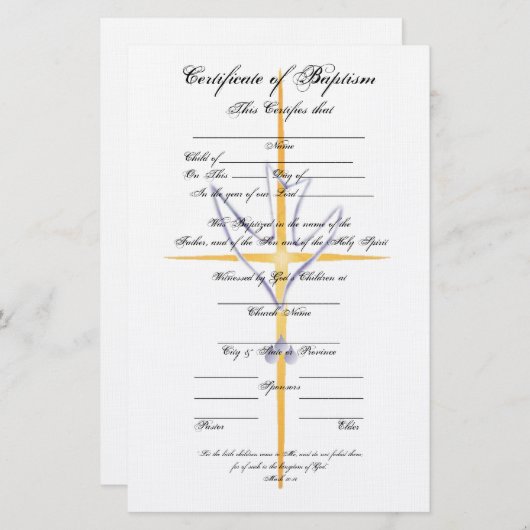 Certificaat van doopsel-kind briefpapier (Voorkant / Achterkant)