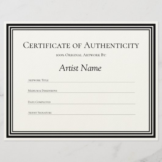 Certificaat van echtheid Art Letter Paper Briefhoofd (Voorkant)