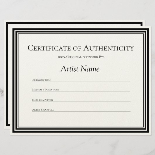 Certificaat van echtheid Art Letter Paper Briefhoofd (Voorkant / Achterkant)