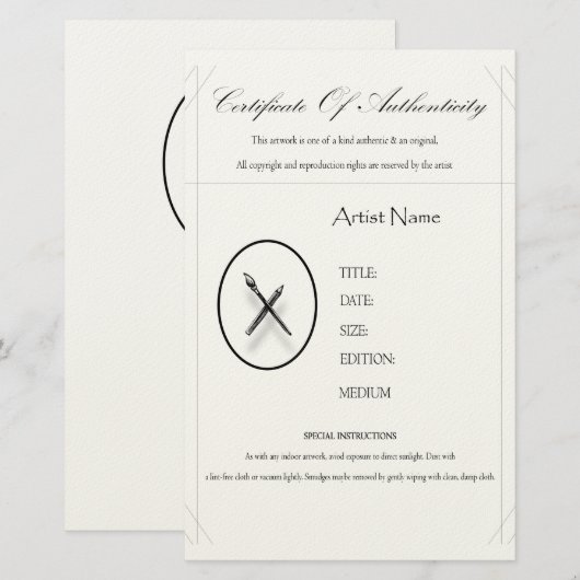 Certificaat van echtheid briefpapier (Voorkant / Achterkant)