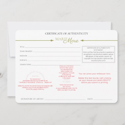 Certificaat van Echtheid Kaart (Voorkant)