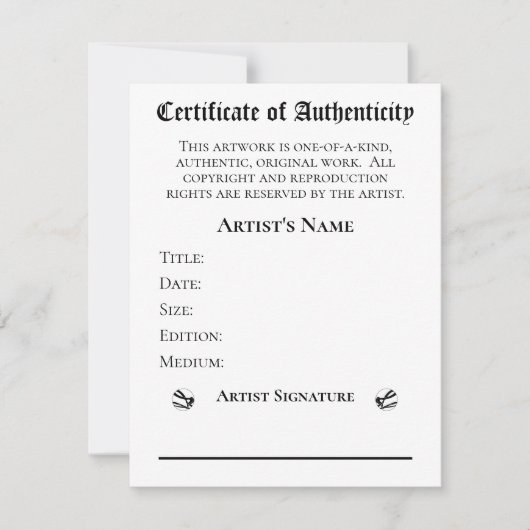 Certificaat van echtheid Kunstenaars Kunstverkoper Kaart (Voorkant)