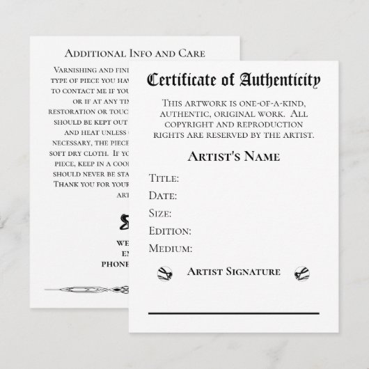 Certificaat van echtheid Kunstenaars Kunstverkoper Kaart (Voorkant / Achterkant)