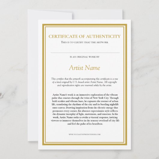 Certificaat van echtheid met Artist Statement Bedankkaart (Voorkant)