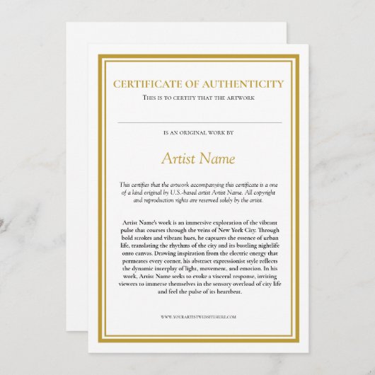 Certificaat van echtheid met Artist Statement Bedankkaart (Voorkant / Achterkant)