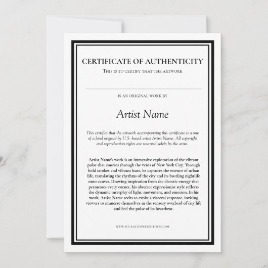 Certificaat van echtheid met Artist Statement Bedankkaart (Voorkant)