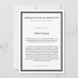 Certificaat van echtheid met Artist Statement Bedankkaart