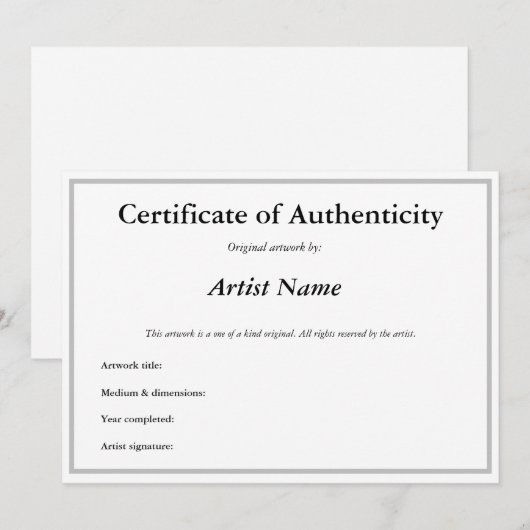  certificaat van echtheid voor artikel A Kaart (Voorkant / Achterkant)