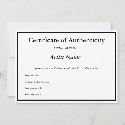  certificaat van echtheid voor kunst bedankkaart (Voorkant)