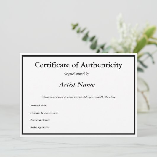  certificaat van echtheid voor kunst bedankkaart (Staand voorkant)