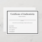 Certificaat van echtheid voor kunst briefkaart (Voorkant / Achterkant)