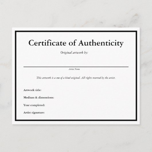 Certificaat van echtheid voor kunst briefkaart (Voorkant)