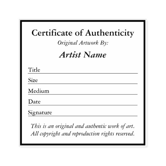 Certificaat van echtheid voor kunst rubberstempel (Afrduk)