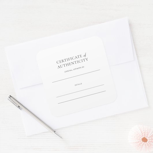 Certificaat van echtheid voor kunstwerken vierkante sticker (Envelop)