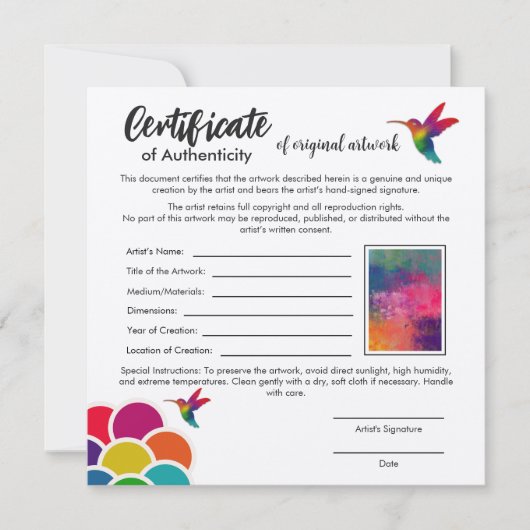 Certificaat van echtheid voor originele kunstwerke kaart (Voorkant)