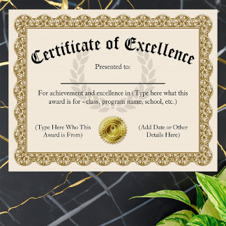 Certificaat van excellentie Gold  8,5 x 11