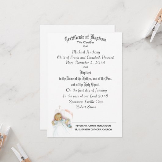Certificaat van heiliging van baptisme-religie kaart (Voorkant / Achterkant in situ)