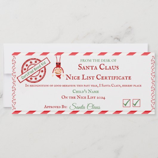 certificaat van Nice List Feestdagenkaart (Voorkant)