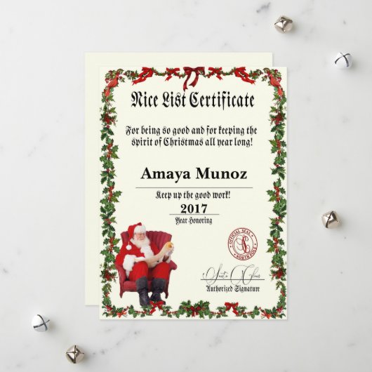 Certificaat van Nice voor de kerstman Feestdagenkaart (Voorkant / Achterkant in situ)
